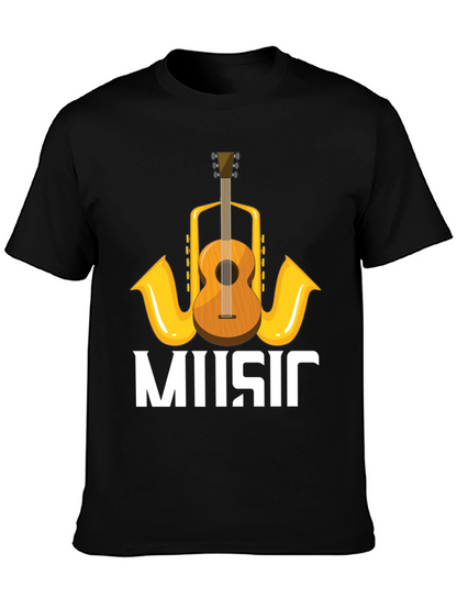 Music Lovers T-Shirt with Guitar & Saxophone Graphic