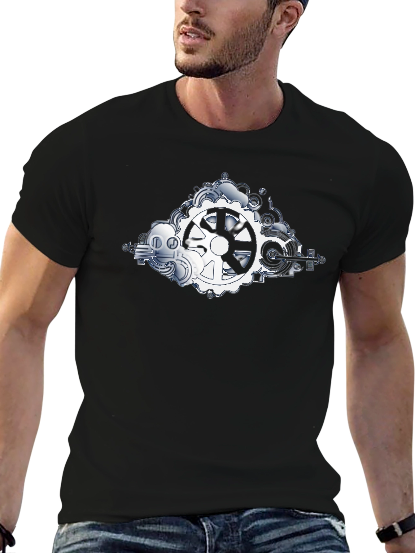 Steampunk Gears Graphic Tee - Black Cotton Shirt