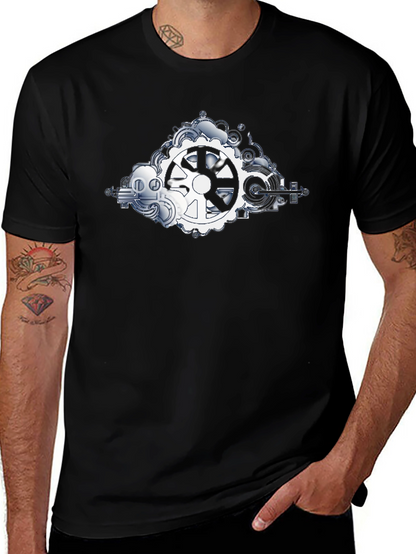 Steampunk Gears Graphic Tee - Black Cotton Shirt