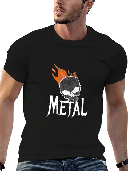 Flaming Skull Metal Graphic T-Shirt - Black Cotton Tee