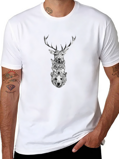Animal Stack Graphic Tee - Deer Wolf Bear Print