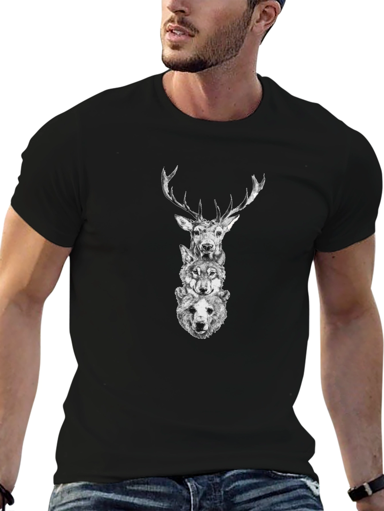 Animal Stack Graphic Tee - Deer Wolf Bear Print