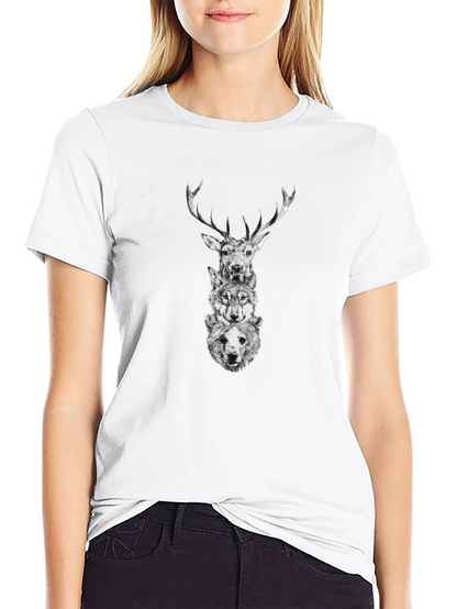 Animal Stack Graphic Tee - Deer Wolf Bear Print