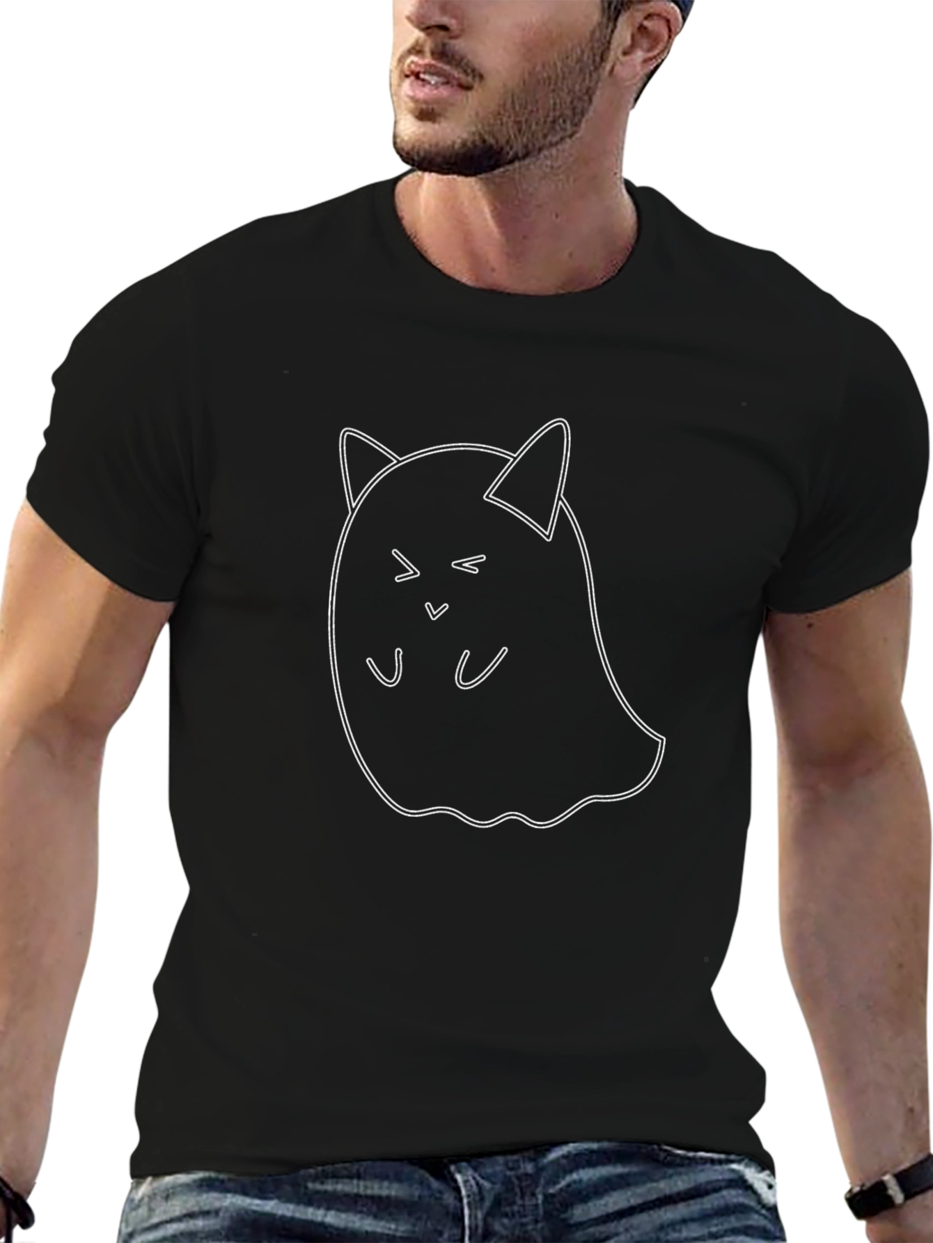 Cute Cat Ghost Black T-Shirt
