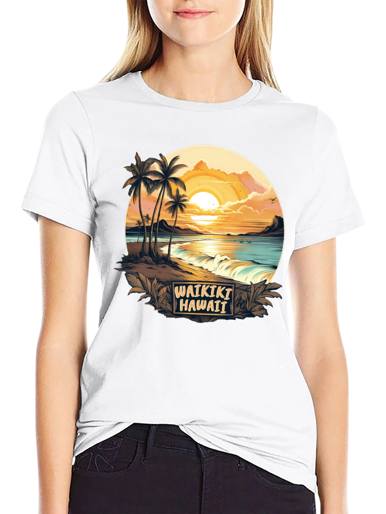 Waikiki Hawaii Graphic T-Shirt - Island Sunset Tee