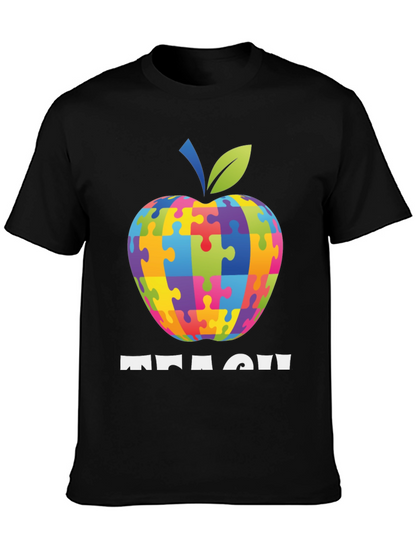 Autism Awareness Teacher T-Shirt: Apple Puzzle Design