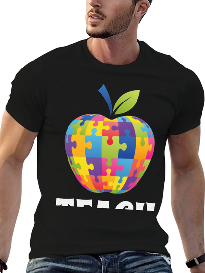 Autism Awareness Teacher T-Shirt: Apple Puzzle Design