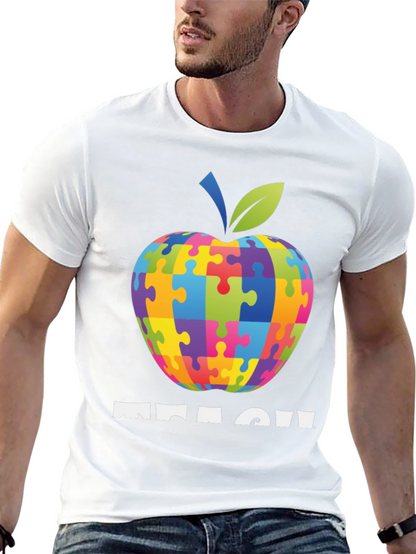 Autism Awareness Teacher T-Shirt: Apple Puzzle Design