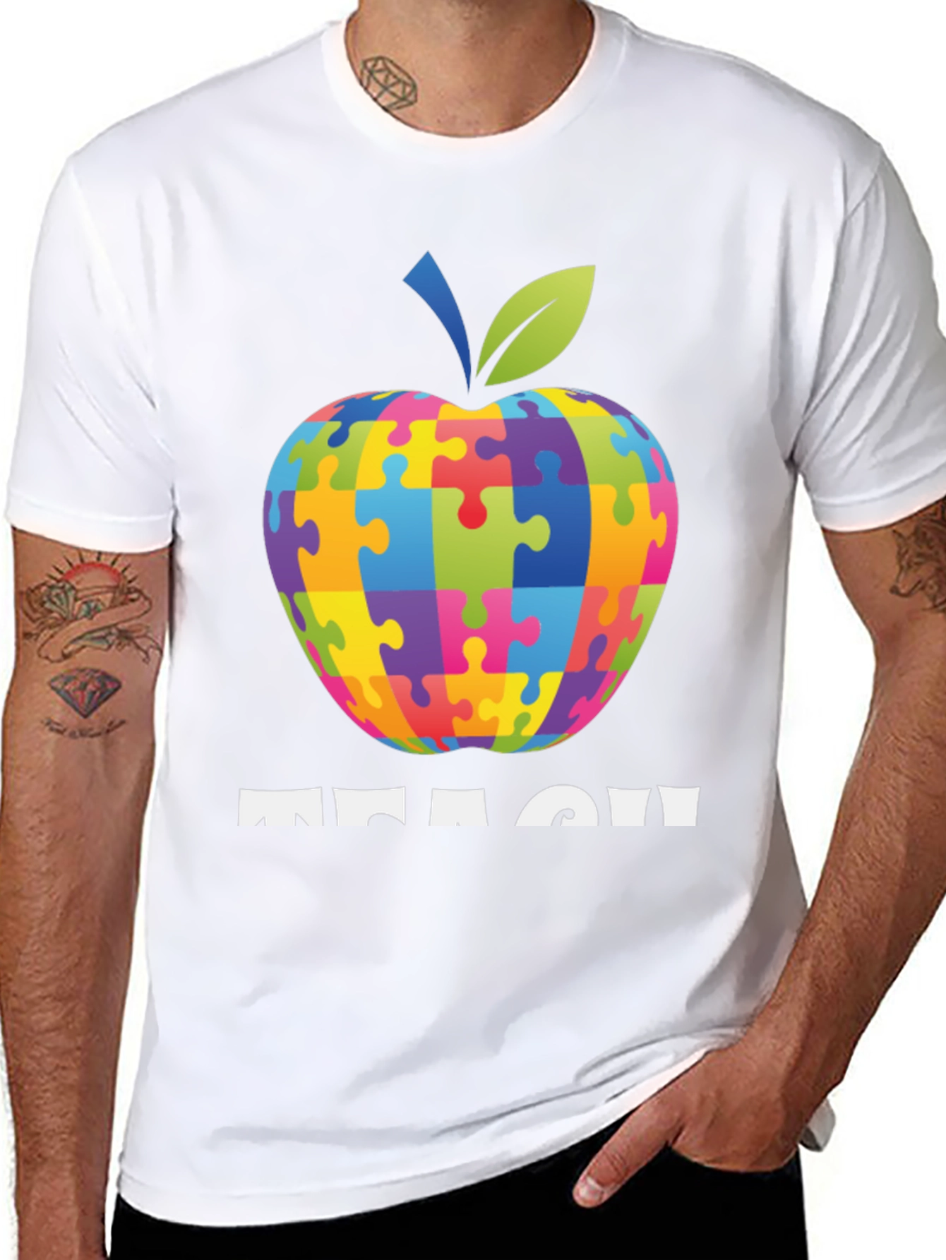 Autism Awareness Teacher T-Shirt: Apple Puzzle Design
