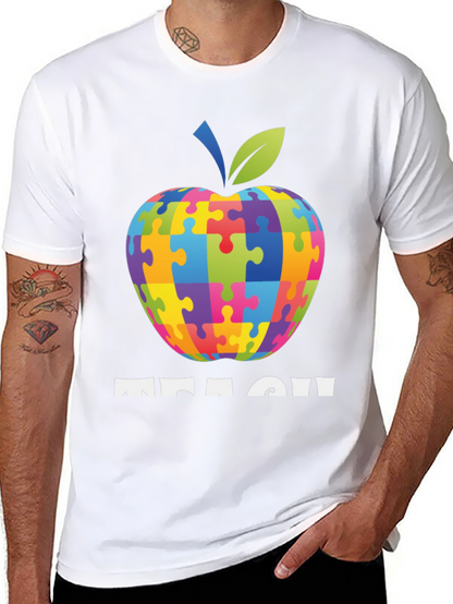 Autism Awareness Teacher T-Shirt: Apple Puzzle Design