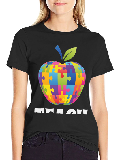 Autism Awareness Teacher T-Shirt: Apple Puzzle Design