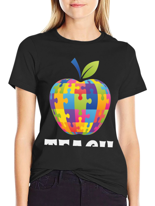 Autism Awareness Teacher T-Shirt: Apple Puzzle Design