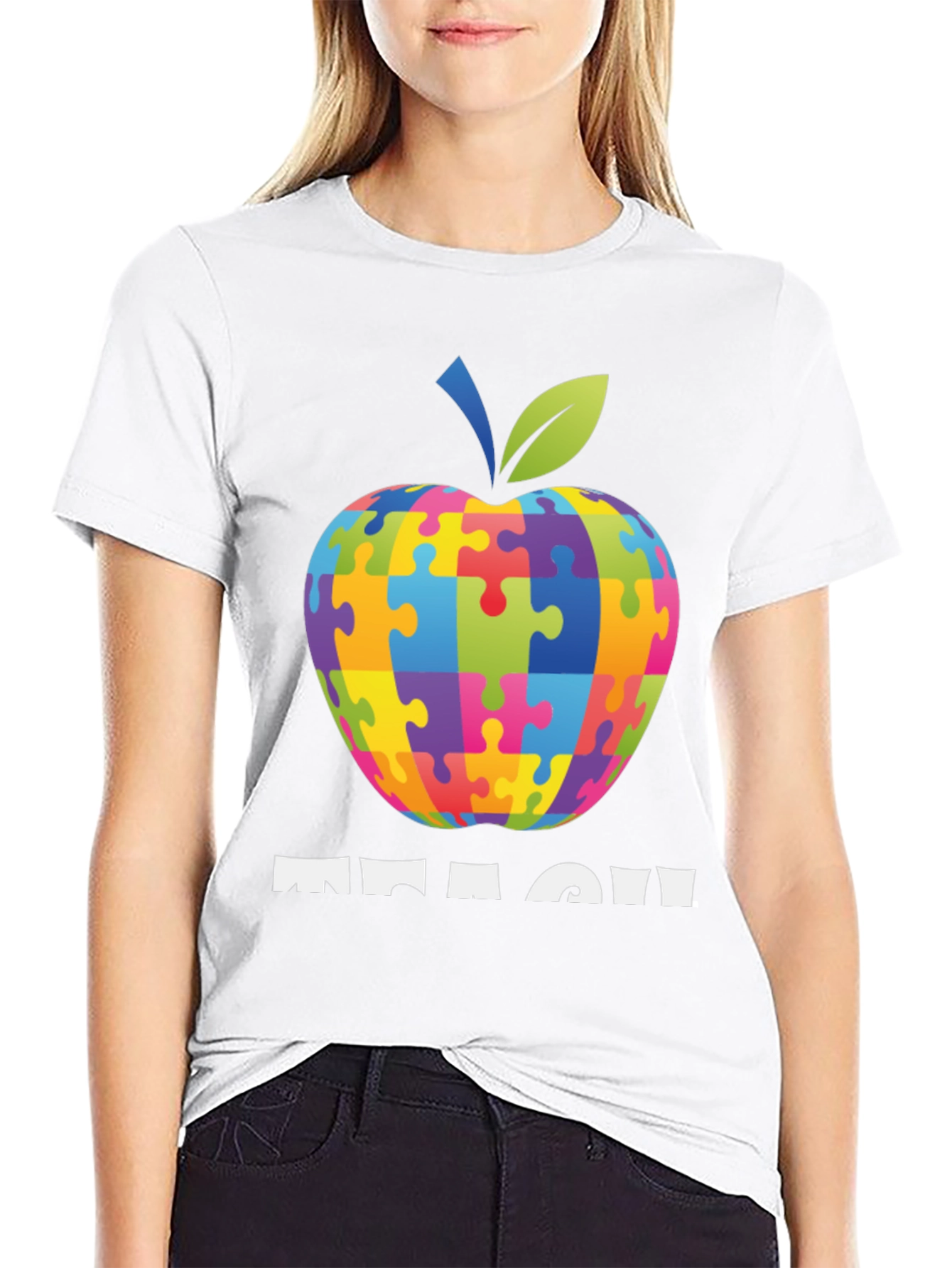 Autism Awareness Teacher T-Shirt: Apple Puzzle Design