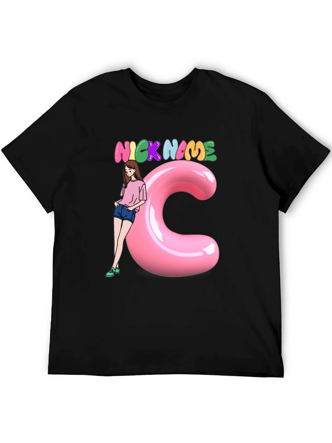 Black Graphic Tee: Nick Name Girl & C
