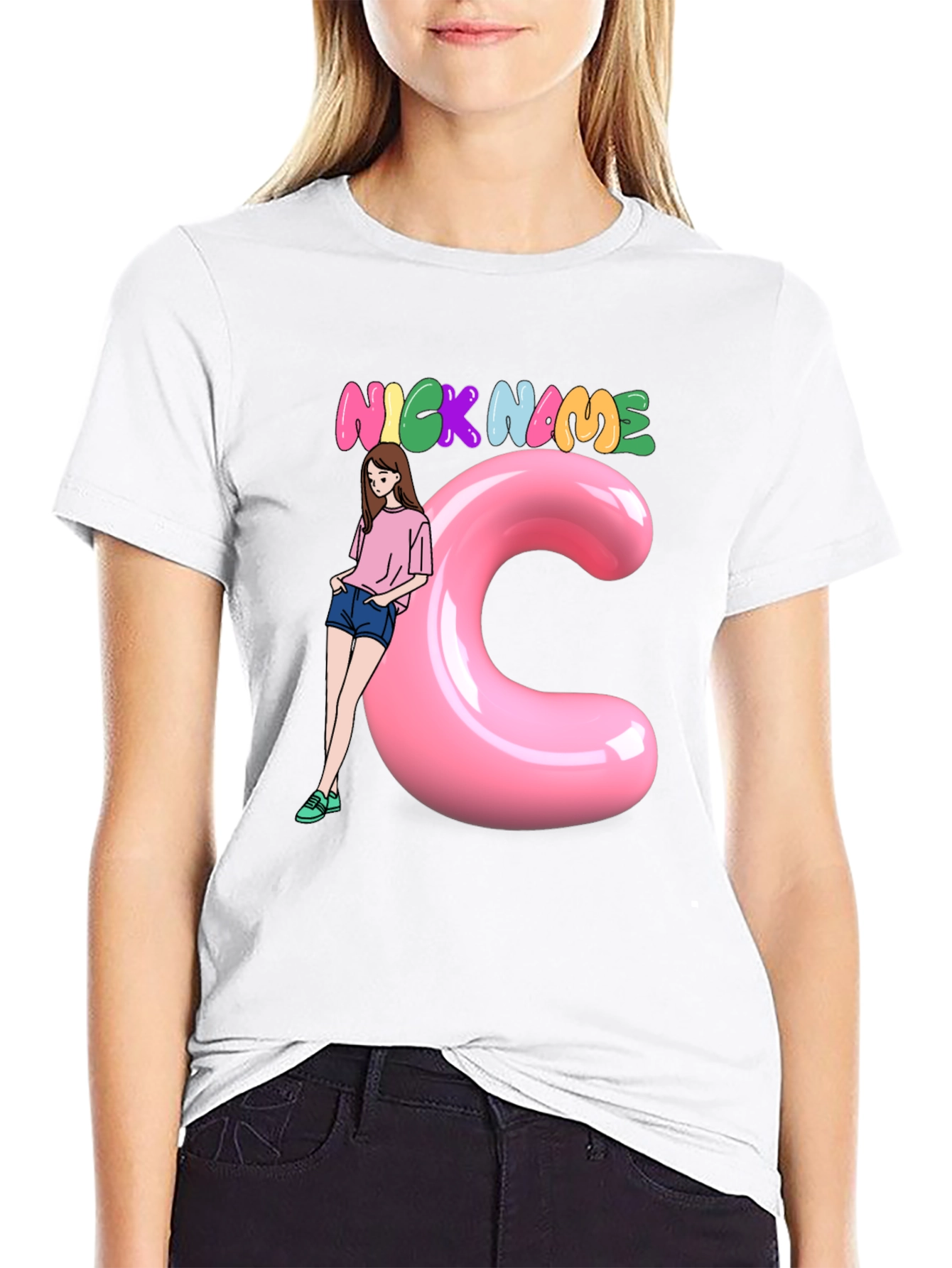 Black Graphic Tee: Nick Name Girl & C