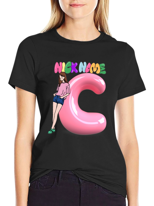 Black Graphic Tee: Nick Name Girl & C
