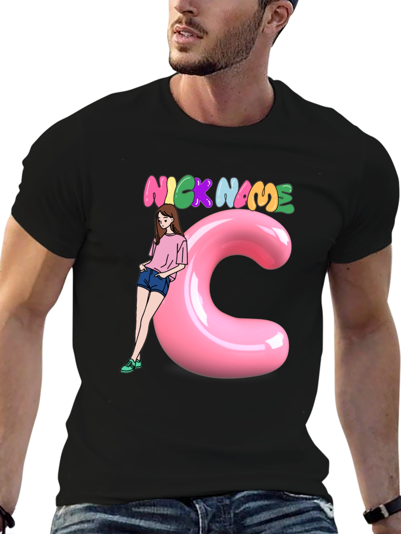 Black Graphic Tee: Nick Name Girl & C
