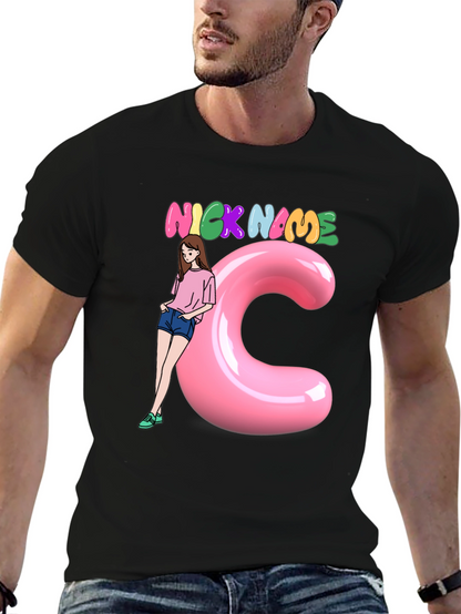 Black Graphic Tee: Nick Name Girl & C