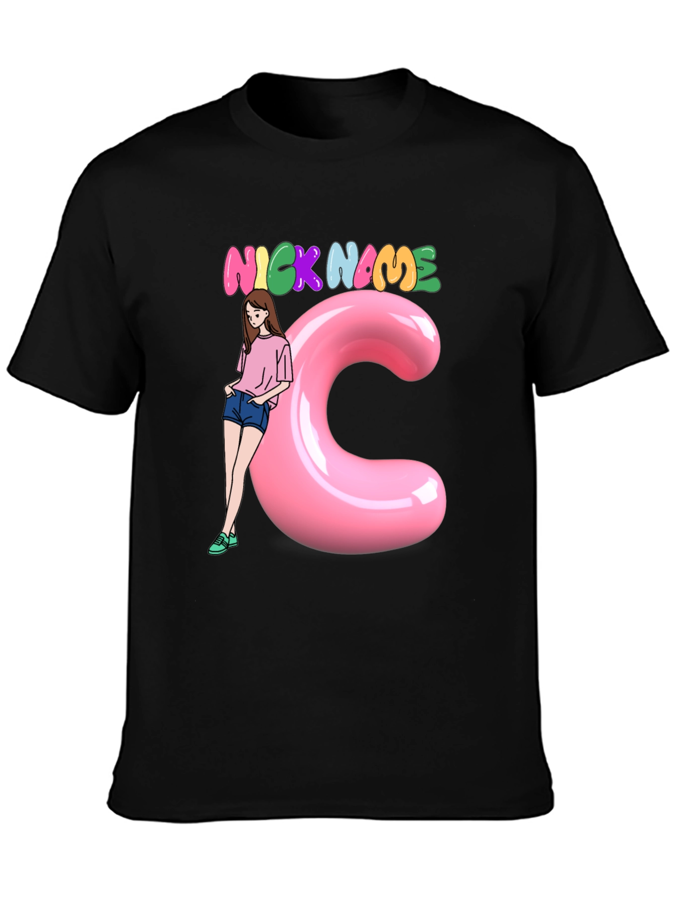 Black Graphic Tee: Nick Name Girl & C