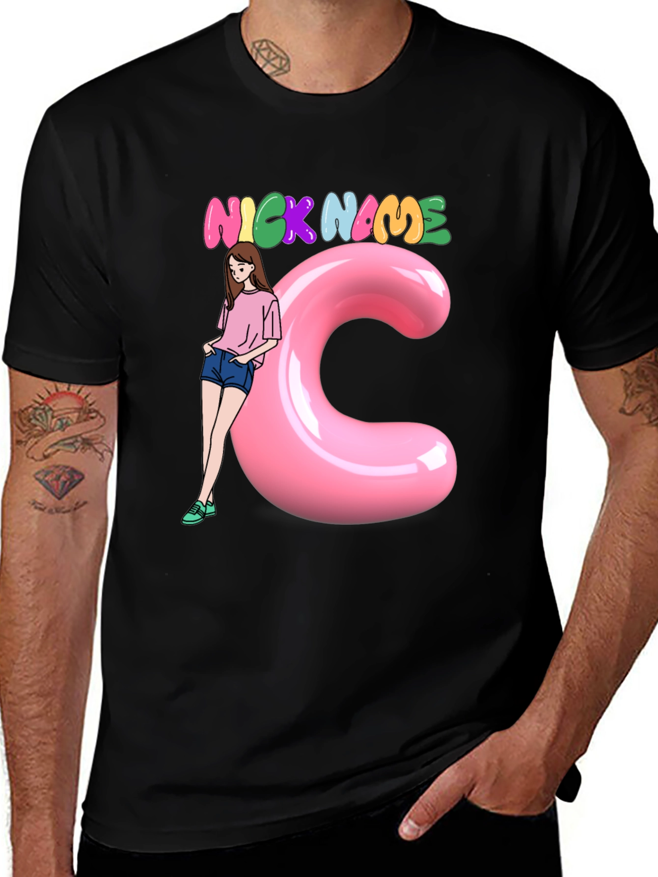 Black Graphic Tee: Nick Name Girl & C