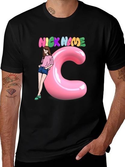 Black Graphic Tee: Nick Name Girl & C
