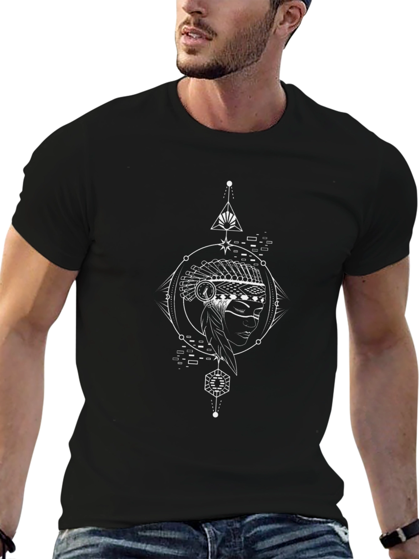 Geometric Headdress Graphic Black T-Shirt