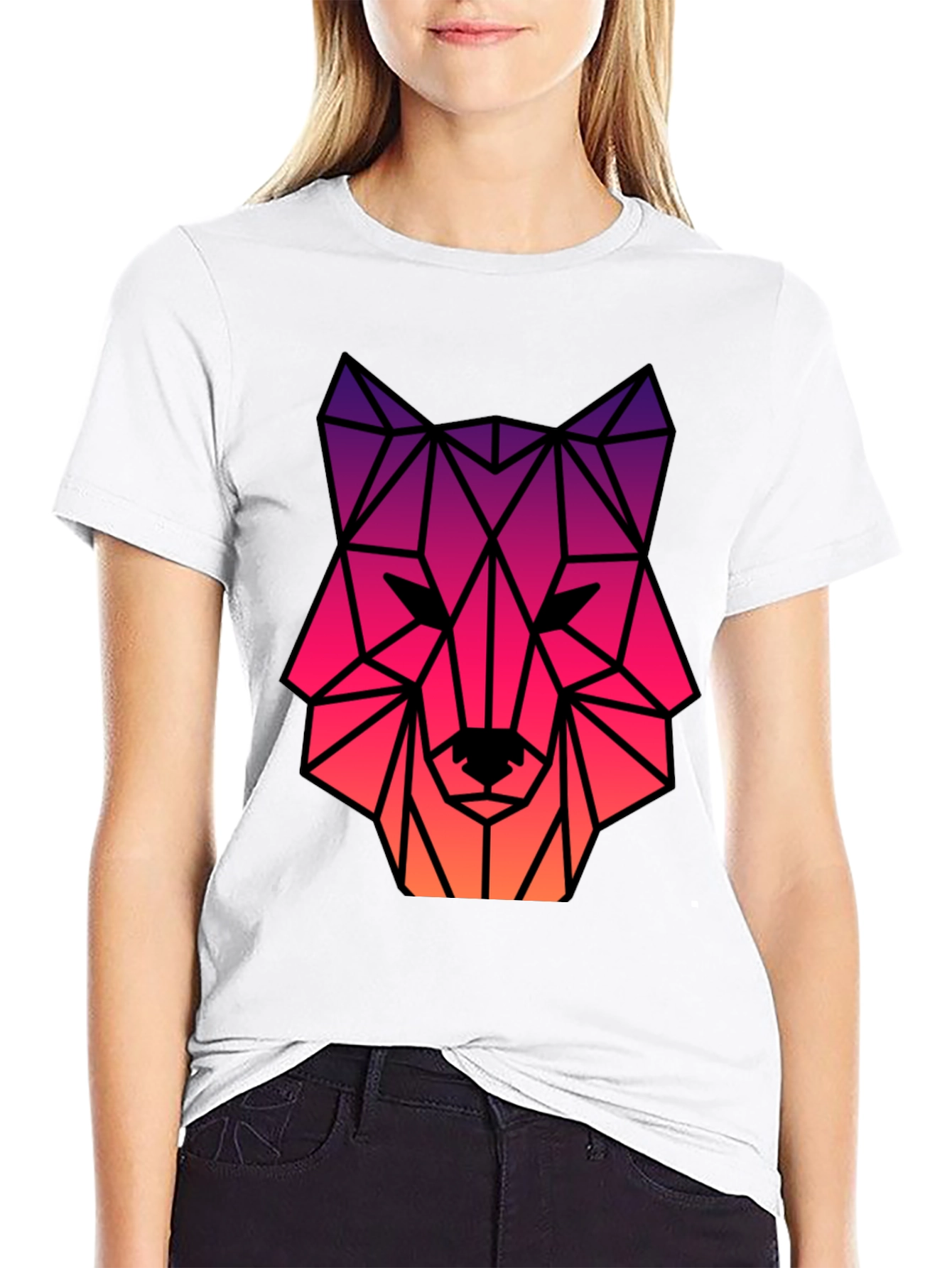 Geometric Wolf Head Graphic Tee - Black