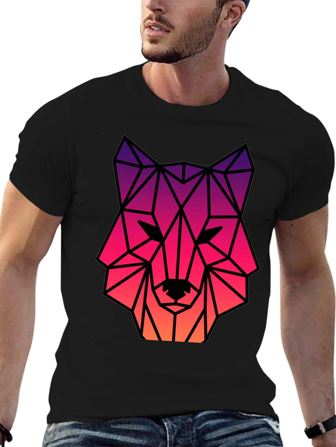 Geometric Wolf Head Graphic Tee - Black