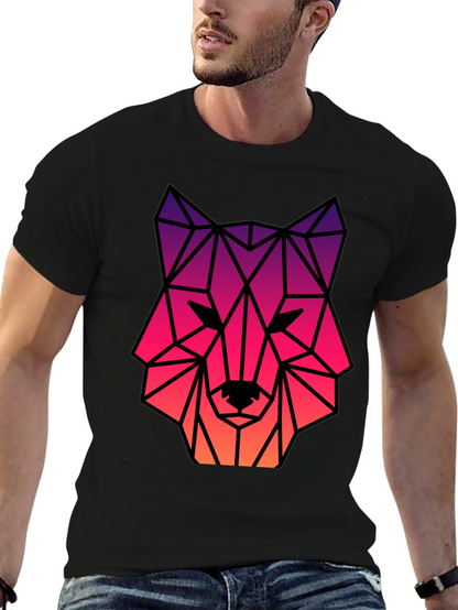 Geometric Wolf Head Graphic Tee - Black
