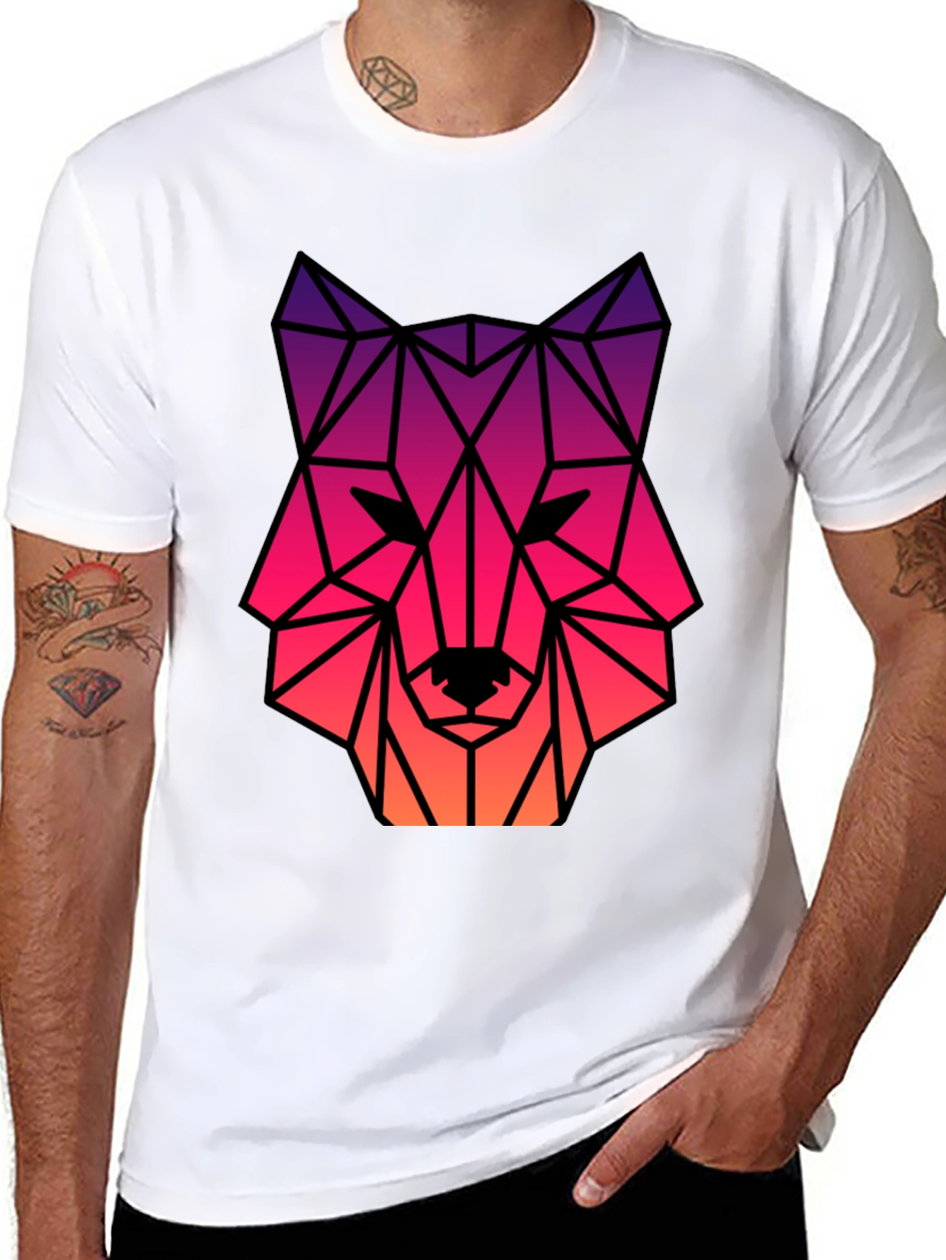 Geometric Wolf Head Graphic Tee - Black