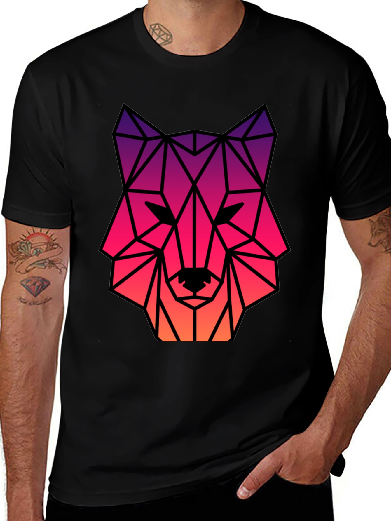 Geometric Wolf Head Graphic Tee - Black
