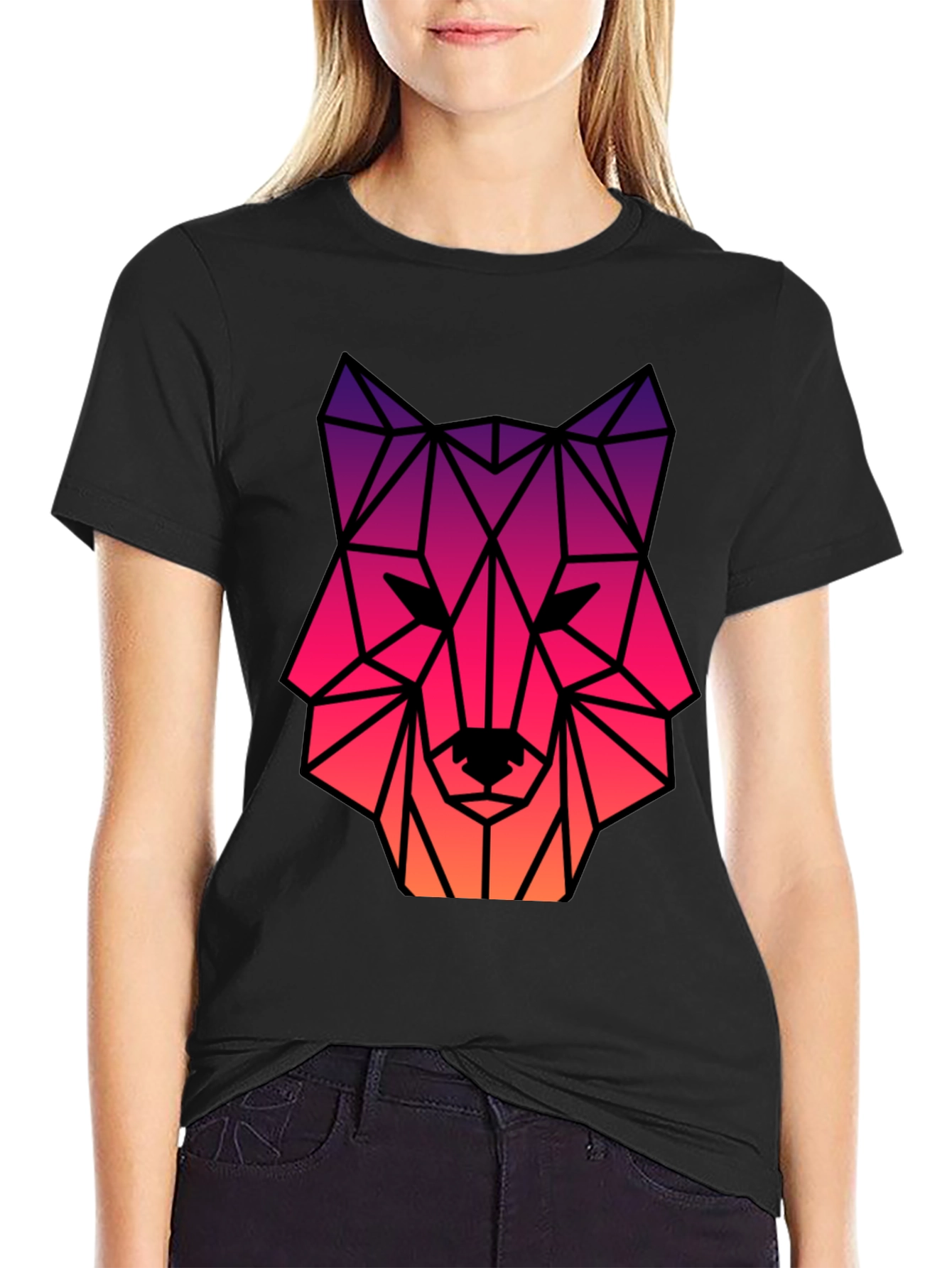 Geometric Wolf Head Graphic Tee - Black