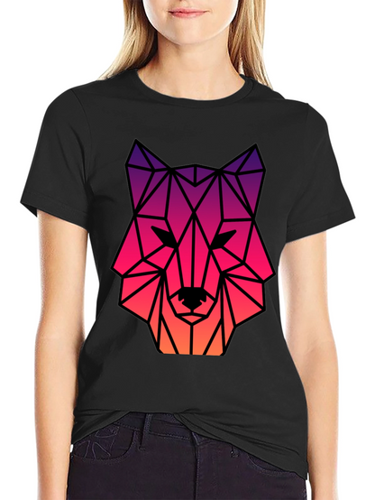 Geometric Wolf Head Graphic Tee - Black