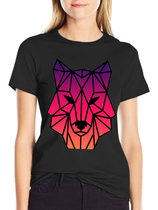 Geometric Wolf Head Graphic Tee - Black